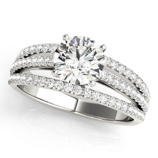 14K White Gold Round Brilliant Diamond Triple Split Shank Engagement Ring With Pave Accents (1.38ctw)