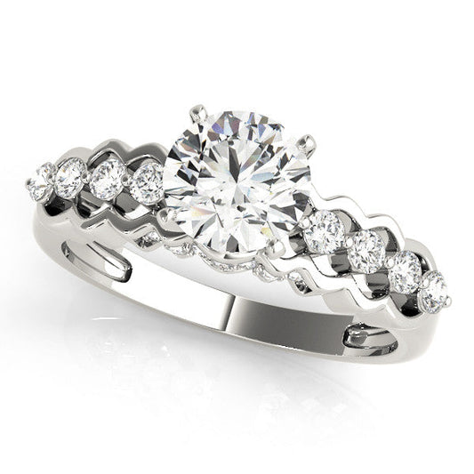 14K White Gold Round Brilliant Diamond Scallop Engagement Ring With Pave Accents (1.33ctw)