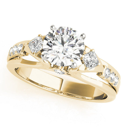 14K Yellow Gold Round Brilliant Diamond Princess Side Stones Engagement Ring With Pave Accents (1.25ctw)