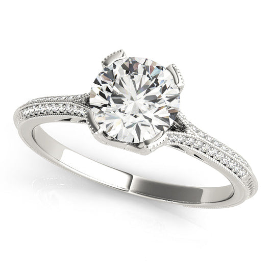 14K White Gold Round Brilliant Diamond Split Shank Pave Accented Engagement Ring (1.20ctw) 