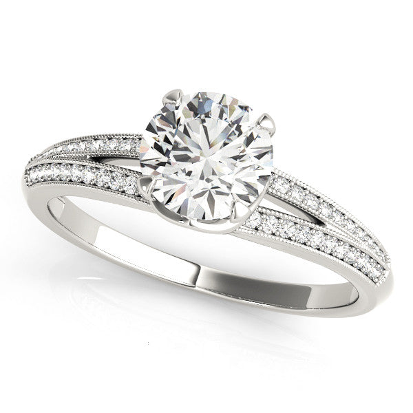 14K White Gold Round Brilliant Diamond Split Shank Engagement Ring With Beaded Pave Accents (1.20ctw)