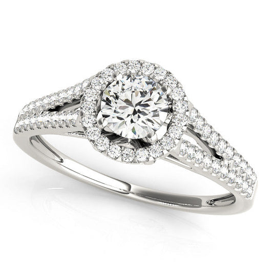 14K White Gold Round Brilliant Diamond Halo Split Shank Engagement Ring With Pave Accents (1.33ctw)