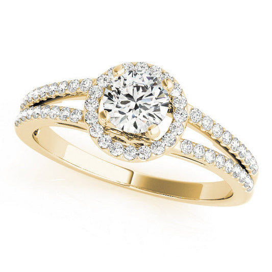 14K Yellow Gold Round Brilliant Diamond Halo Split Shank Engagement Ring With Pave Accents (1.25ctw)