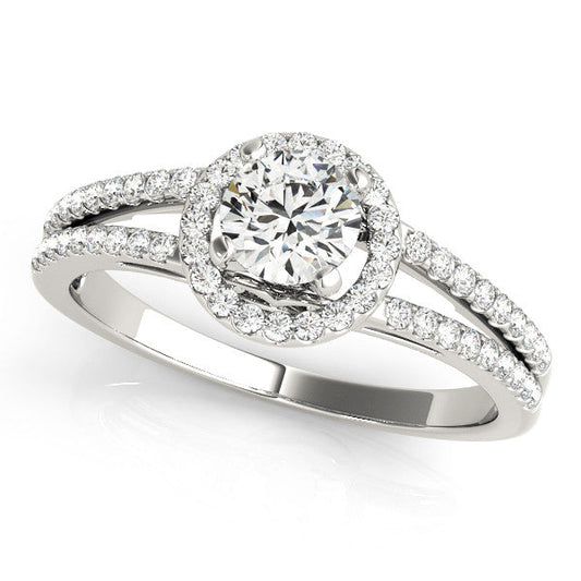 14K White Gold Round Brilliant Diamond Halo Split Shank Engagement Ring With Pave Accents (1.25ctw)