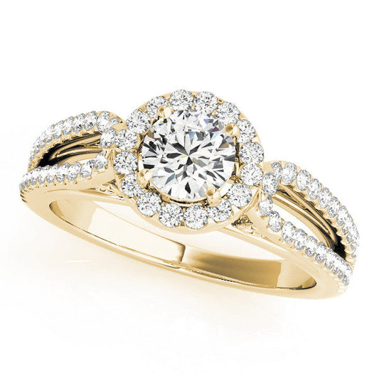 14K Yellow Gold Round Brilliant Diamond Halo Split Shank Engagement Ring With Pave Accents (1.33ctw)