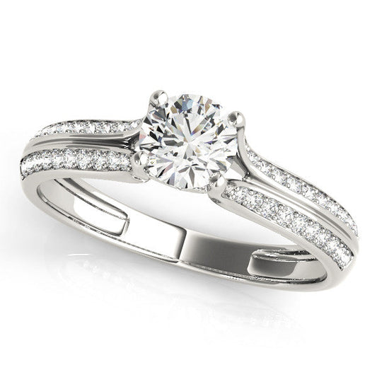 14K White Gold Round Brilliant Diamond Split Shank Engagement Ring With Pave Accents (1.20ctw)