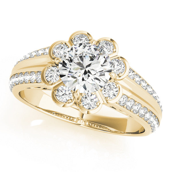 14K Yellow Gold Round Brilliant Diamond Floral Halo Engagement Ring With Pave Accents (1.38ctw)