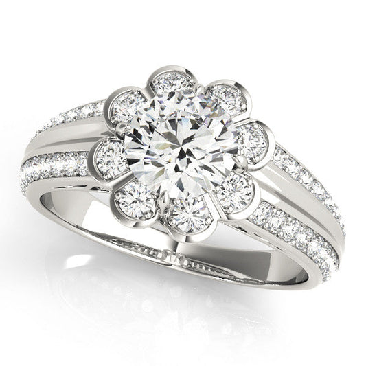 14K White Gold Round Brilliant Diamond Floral Halo Engagement Ring With Pave Accents (1.38ctw)