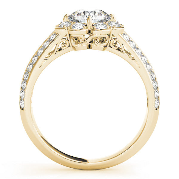 14K Yellow Gold Round Brilliant Diamond Floral Halo Engagement Ring With Pave Accents (1.38ctw)