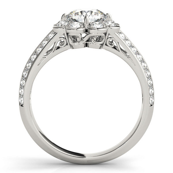 14K White Gold Round Brilliant Diamond Floral Halo Engagement Ring With Pave Accents (1.38ctw)