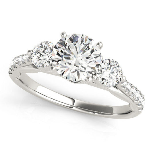 14K White Gold Round Brilliant Diamond Three Stone Engagement Ring With Pave Accents (1.63ctw)