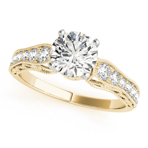 14K Yellow Gold Round Brilliant Diamond Antique Engagement Ring With Pave Accents (1.33ctw)