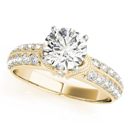 14K Yellow Gold Round Brilliant Diamond Antique Engagement Ring With Pave Accents (1.50ctw)