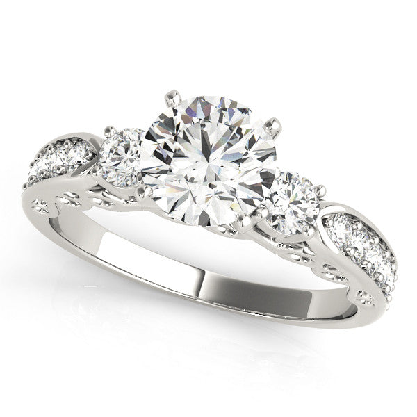 14K White Gold Round Brilliant Diamond Three Stone Engagement Ring With Pave Accents (1.50ctw)