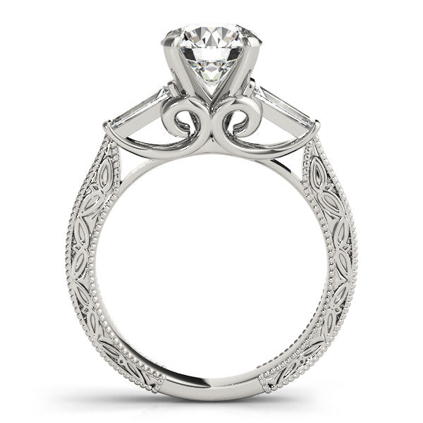 14K White Gold Round Brilliant Diamond Antique Three Stone Baguette Engagement Ring (1.33ctw)