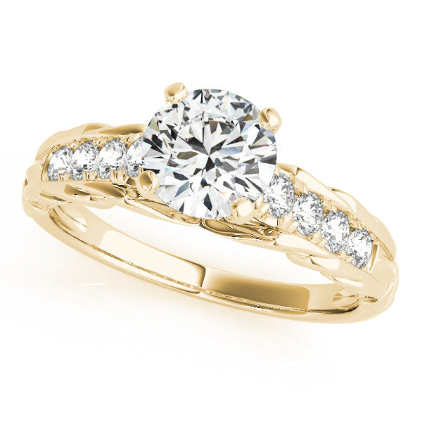 14K Yellow Gold Round Brilliant Diamond Antique Engagement Ring With Pave Accents (1.17ctw)