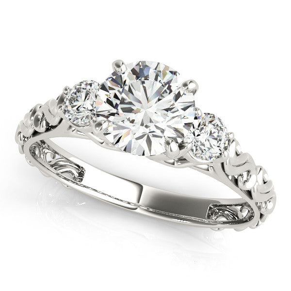 14K White Gold Round Brilliant Diamond Three Stone Scalloped Shank Engagement Ring (1.25ctw)