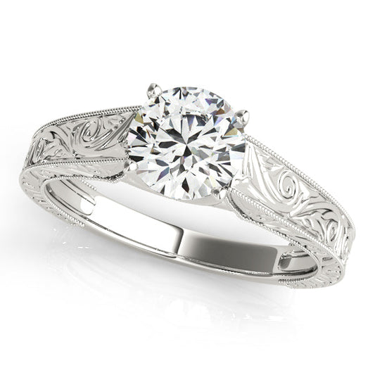 14K White Gold Round Brilliant Cathedral Engraved Solitaire Engagement Ring (1ct)