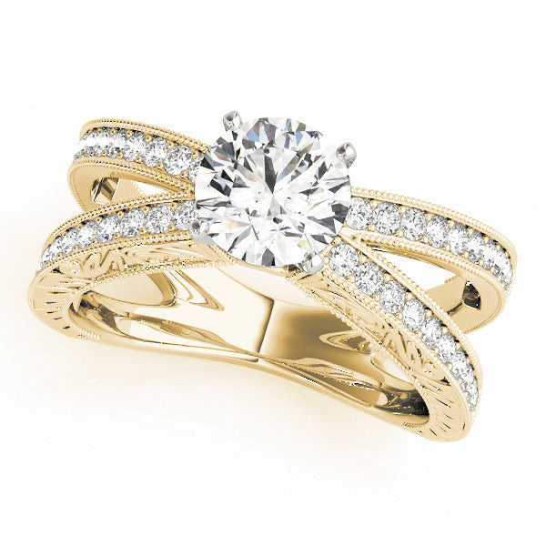 14K Yellow Gold Round Brilliant Diamond Split Shank Engagement Ring With Beaded Channel Set Accents (1.33ctw)