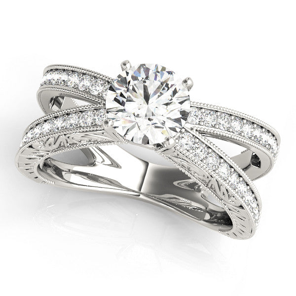 14K White Gold Round Brilliant Diamond Split Shank Engagement Ring With Beaded Channel Set Accents (1.33ctw)