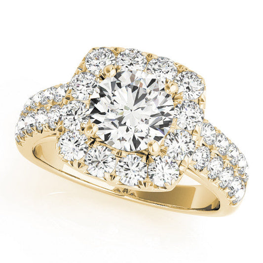 14K Yellow Gold Round Brilliant Diamond Cushion Halo Engagement Ring With Pave Accents (2ctw)