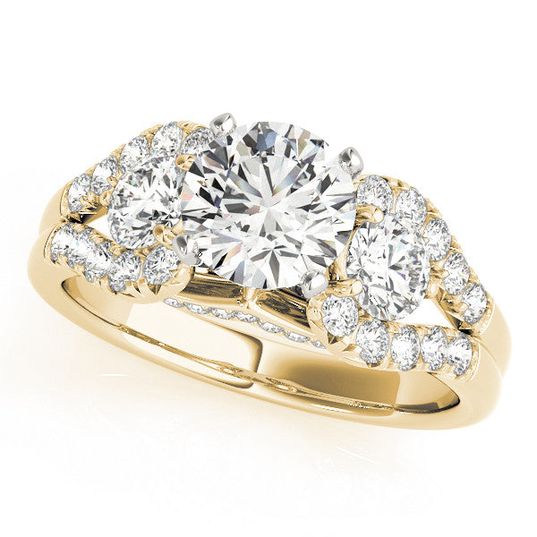 14K Yellow Gold Round Brilliant Diamond Three Stone Split Shank Engagement Ring With Pave Accents (1.88ctw)