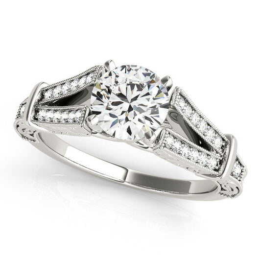 14K White Gold Round Brilliant Diamond Antique Split Shank Engagement Ring With Channel Set Accents (1.20ctw)