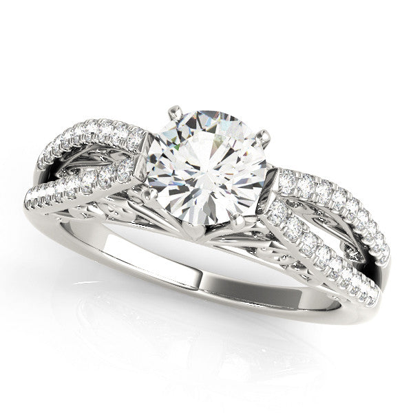 14K White Gold Round Brilliant Diamond Antique Split Shank Engagement Ring With Pave Accents (1.25ctw)