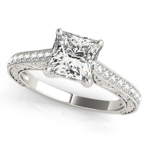 14K White Gold Princess Cut Diamond Antique Trellis Engagement Ring With Beaded Channel Accents (1.25ctw)