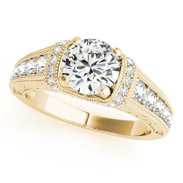 14K Yellow Gold Round Brilliant Diamond Antique Engagement Ring With Beaded Channel Accents (1.38ctw)