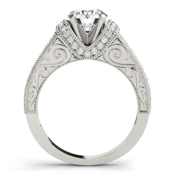 14K White Gold Round Brilliant Diamond Antique Engagement Ring With Beaded Channel Accents (1.38ctw)