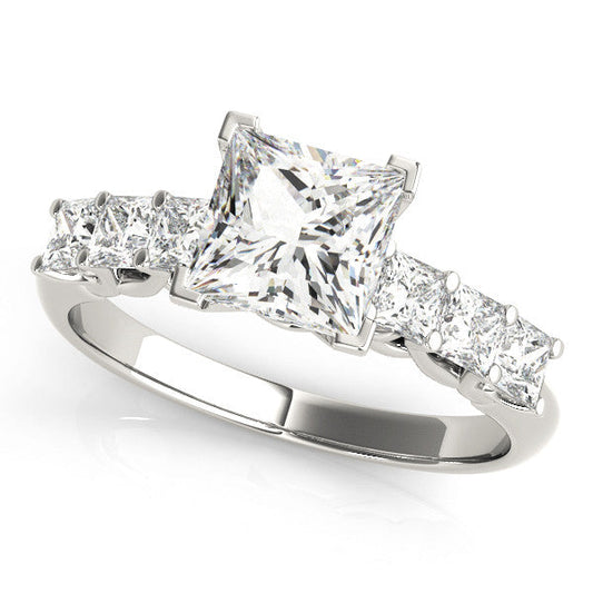 14K White Gold Princess Cut Diamond Trellis Engagement Ring With Princess Side Stone Accents (1.63ctw)