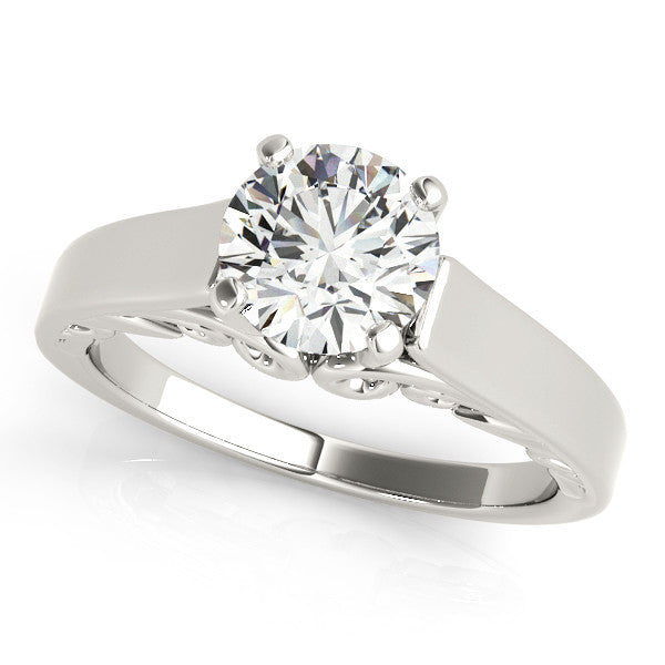 14K White Gold Round Brilliant Diamond Solitaire Engagement Ring With Scallop Accent (1ct)