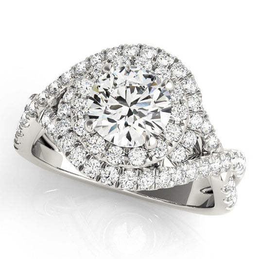 14K White Gold Round Brilliant Diamond Twisted Halo Engagement Ring With Pave Accents (1.63ctw)