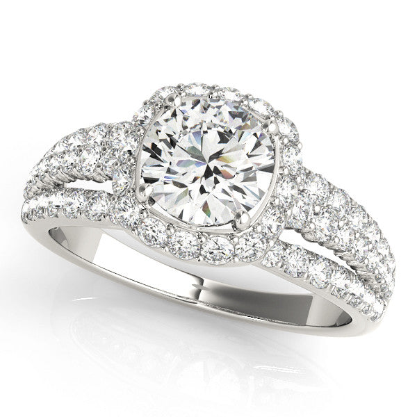 14K White Gold Round Brilliant Diamond Cushion Halo Engagement Ring With Pave Accents (1.88ctw)