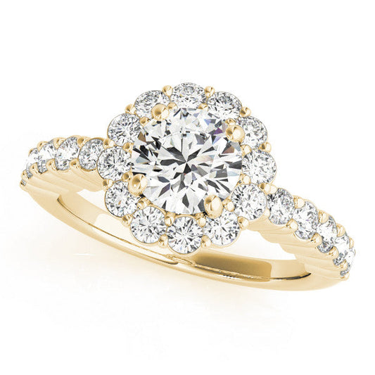 14K Yellow Gold Round Brilliant Diamond Scallop Halo Basket Engagement Ring With Pave Accents (1.63ctw)