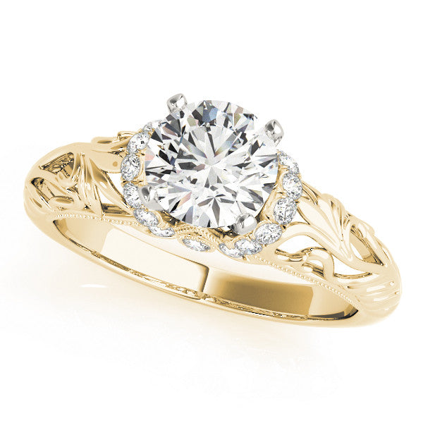 14K Yellow Gold Round Brilliant Diamond Floral Inspired Engagement Ring With Pave Diamond Accents (1.20ctw) 