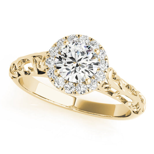 14K Yellow Gold Round Brilliant Diamond Halo Engagement Ring With Scalloped Shank (1.10ctw) 