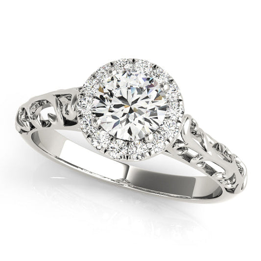 14K White Gold Round Brilliant Diamond Halo Engagement Ring With Scalloped Shank (1.10ctw) 