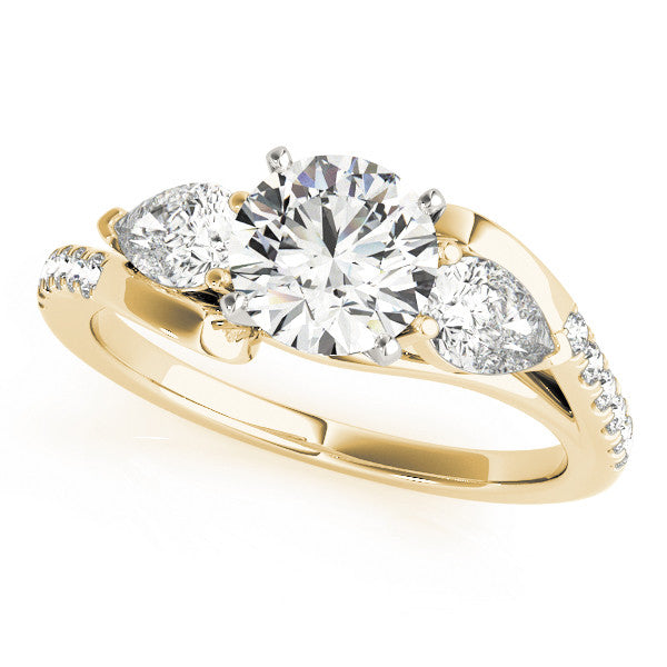 14K Yellow Gold Round Brilliant Diamond Pear Three Stone Engagement Ring With Pave Accents (1.75ctw)