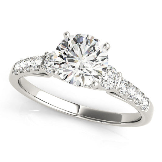 14K White Gold Round Brilliant Diamond Three Stone Engagement Ring With Pave Accents (1.38ctw)