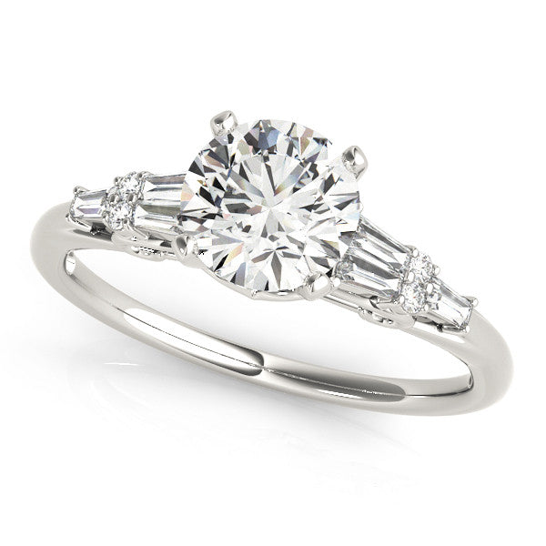 14K White Gold Round Brilliant Diamond Baguette Side Stones Engagement Ring (1.33ctw)