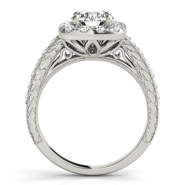 14K White Gold Round Brilliant Diamond Antique Inspired Halo Engagement Ring With Beaded Channel Accents (1.50ctw)