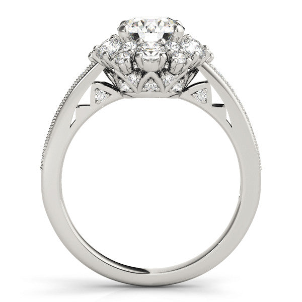 14K White Gold Round Brilliant Diamond Floral Halo Engagement Ring With Beaded Channel Accents (2ctw)