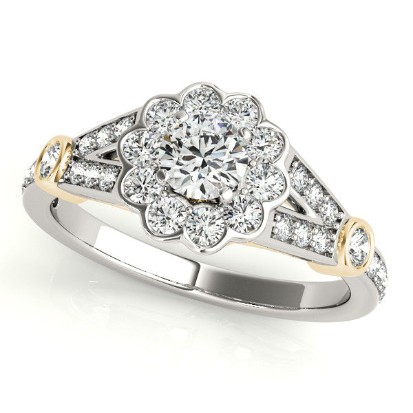 14K White Gold Round Brilliant Diamond Floral Halo Split Shank Two Tone Engagement Ring With Channel Accents (1.50ctw)