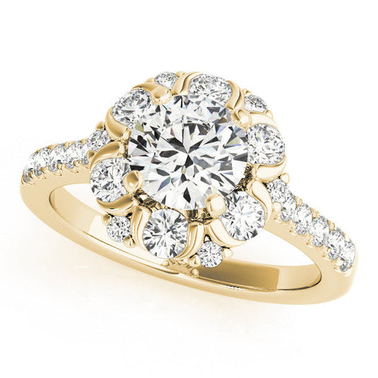 14K Yellow Gold Round Brilliant Diamond Floral Halo Engagement Ring With Pave Accents (1.88ctw)