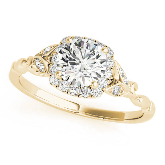 14K Yellow Gold Round Brilliant Diamond Halo Floral Inspired Engagement Ring (1.12ctw) 