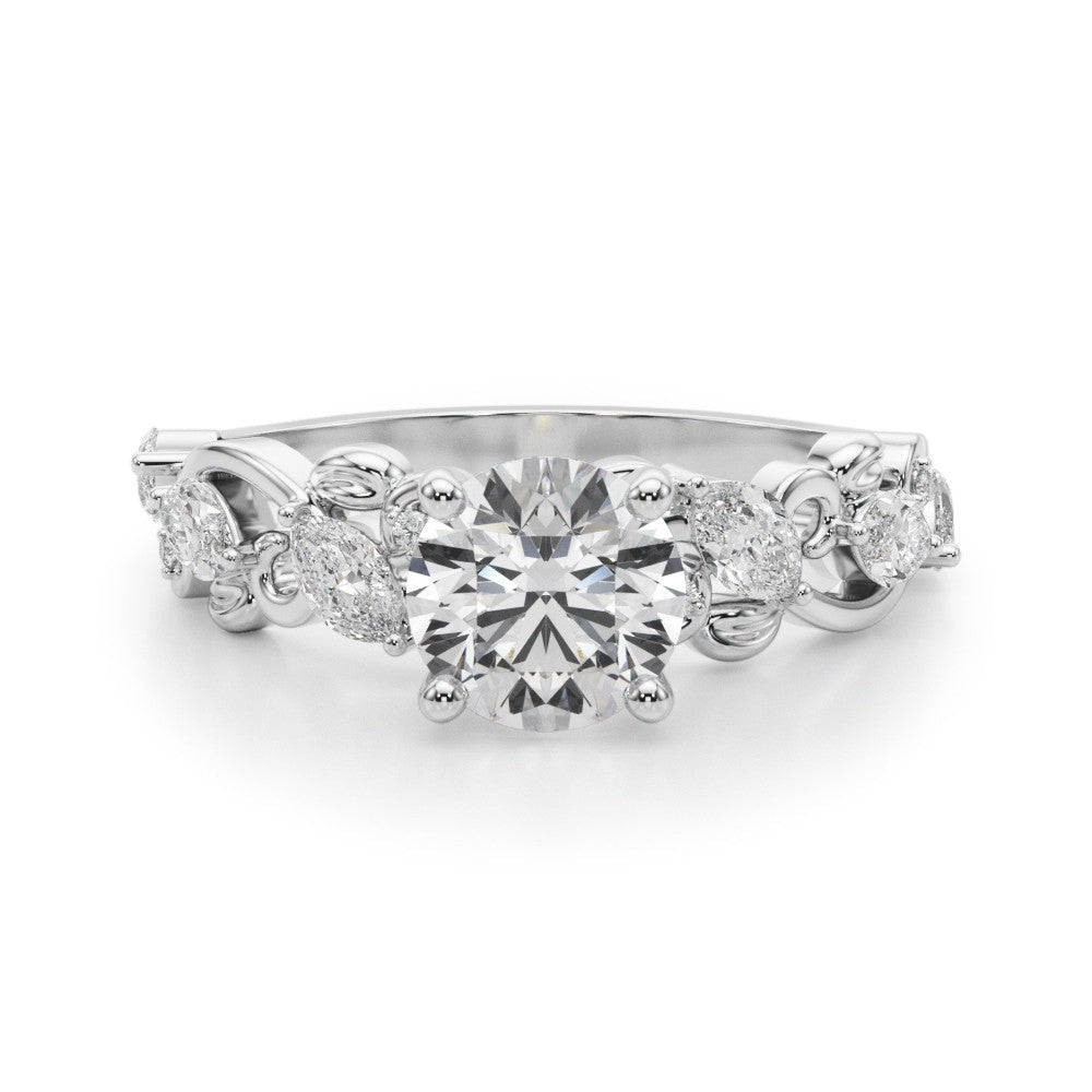 14K White Gold Round Brilliant Diamond Vine Inspired Engagement Ring With Diamond Accents (1.50ctw)