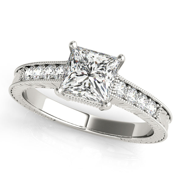 14K White Gold Princess Cut Diamond Engagement Ring With Channel Set Diamond Accents and Engraving (1.25ctw) 