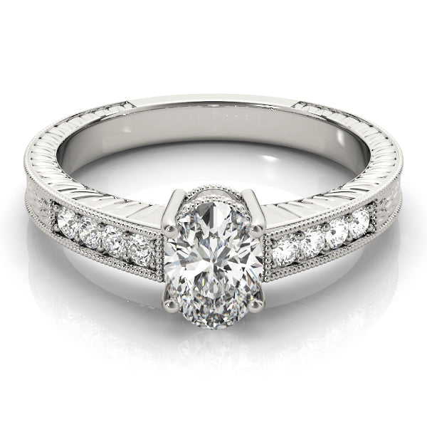 14K White Gold Oval Diamond Engagement Ring With Channel Set Accent Diamonds and Engraved Shank (1.20ctw) 